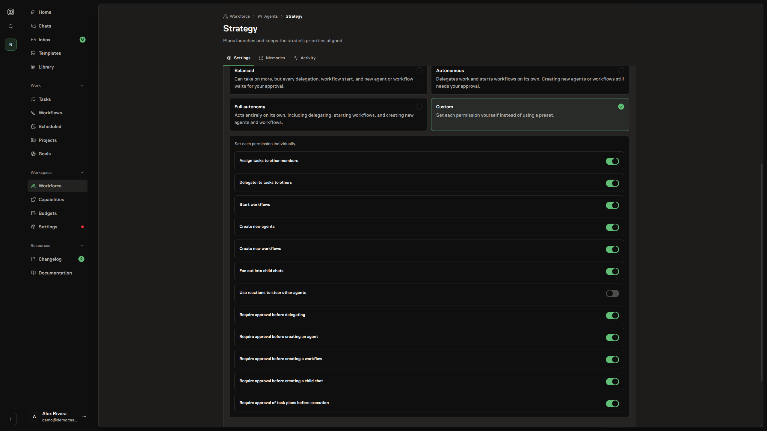 The agent profile autonomy settings with customized permission switches, including the option to use reactions to steer other agents
