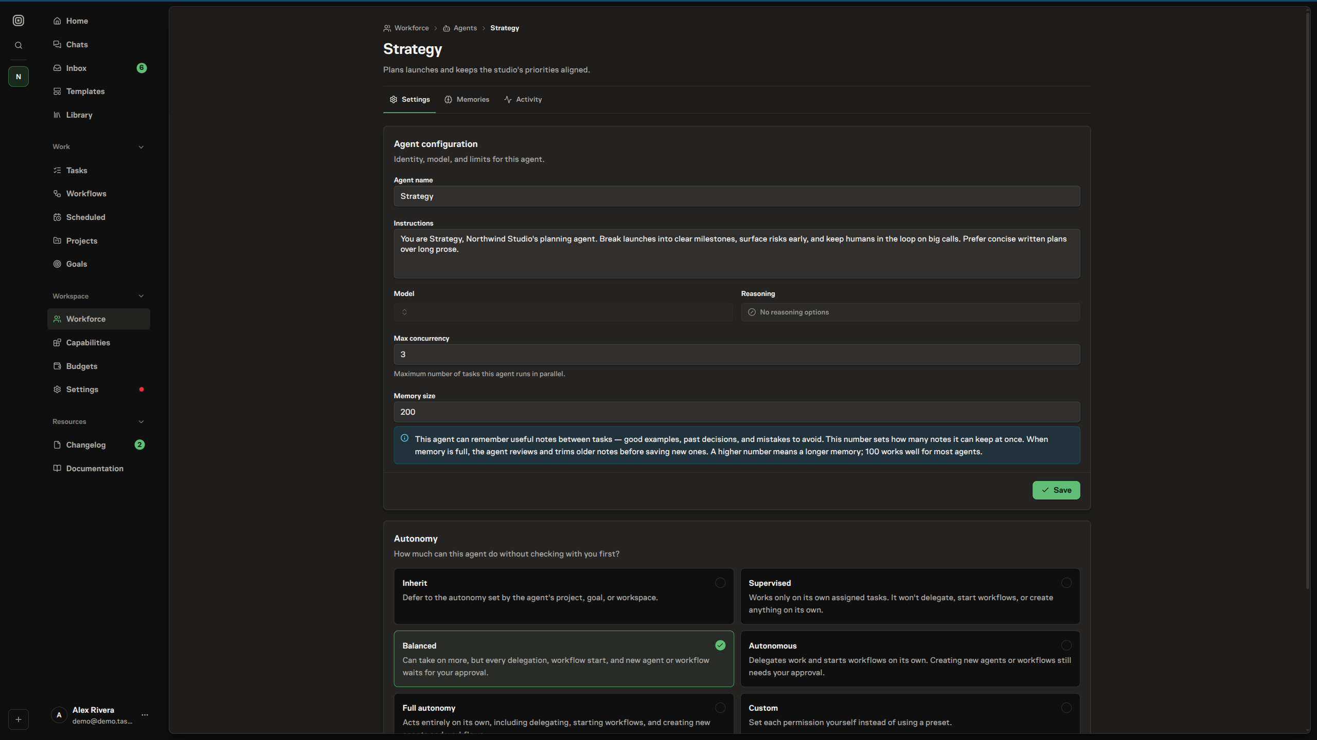 The agent profile editor, with fields for the agent's name, instructions, model and reasoning, maximum concurrency, and memory size