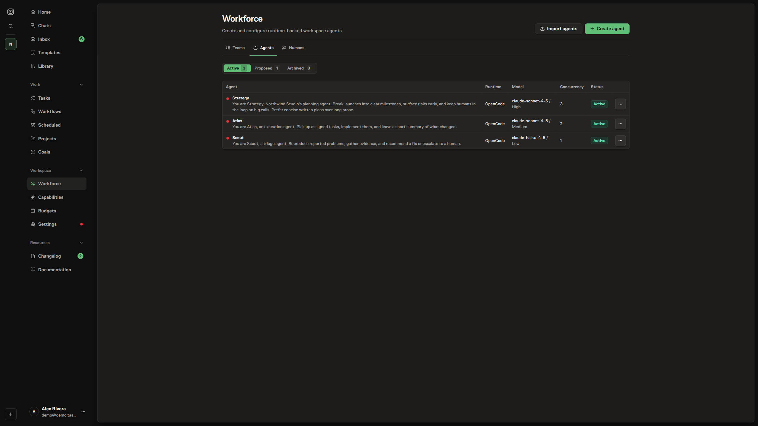 The Agents page listing a workspace agent with its instructions, status, and concurrency, and columns for the runtime and model it runs on