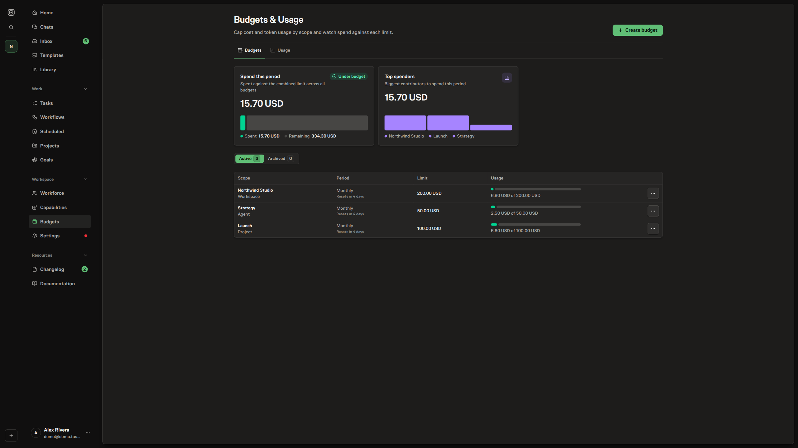 The Budgets page showing summary counts and a table of budgets across scopes — a workspace budget and an agent budget, each with its period, limit, and on-track spend status