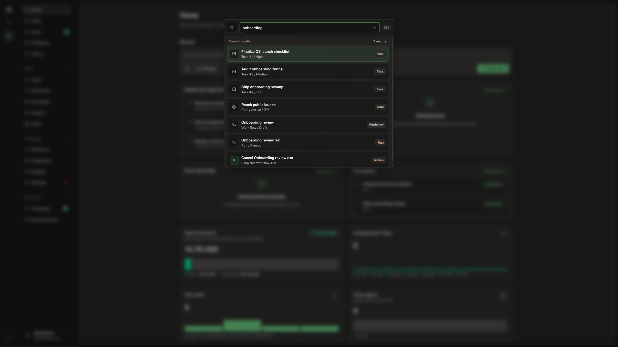The command center showing workspace search results for an investor update workflow, including the project, task, workflow, reusable workflow template, running workflow run, cancel action, and open workflow question