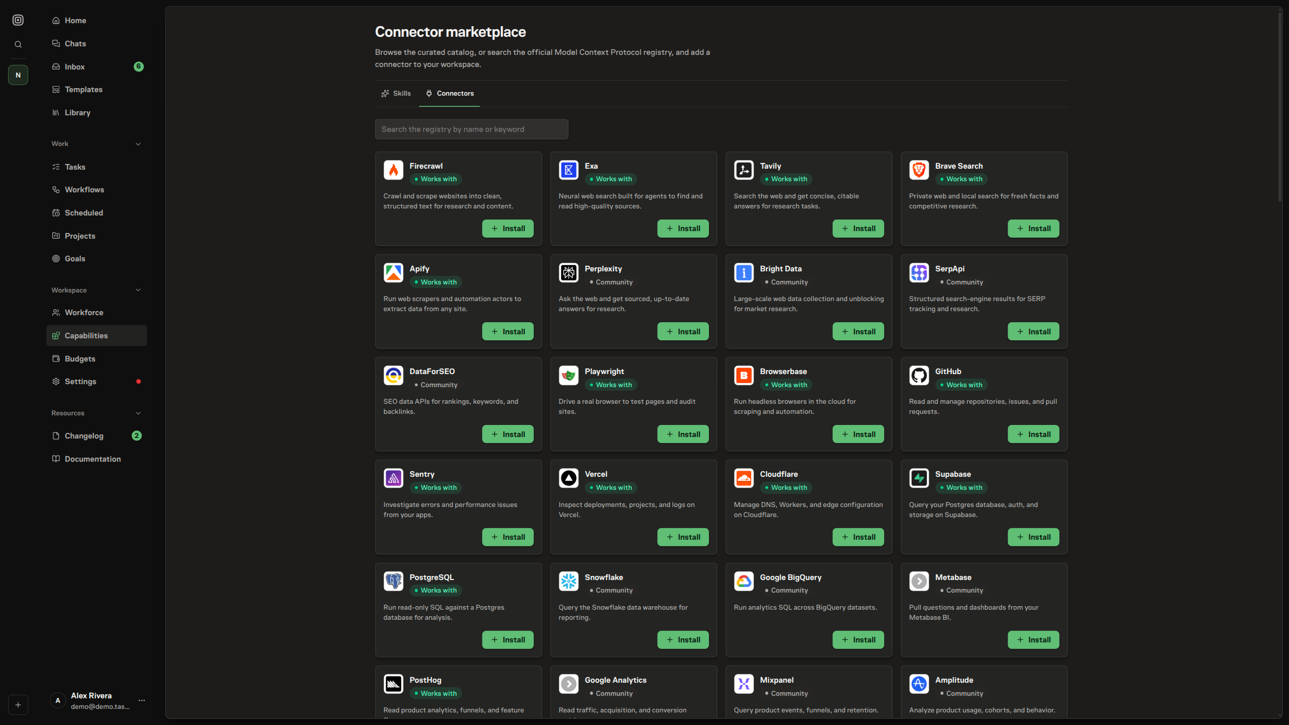 The in-app Connectors browser showing a searchable grid of connector cards, each with the service logo, a short capability description, and an official or community status badge
