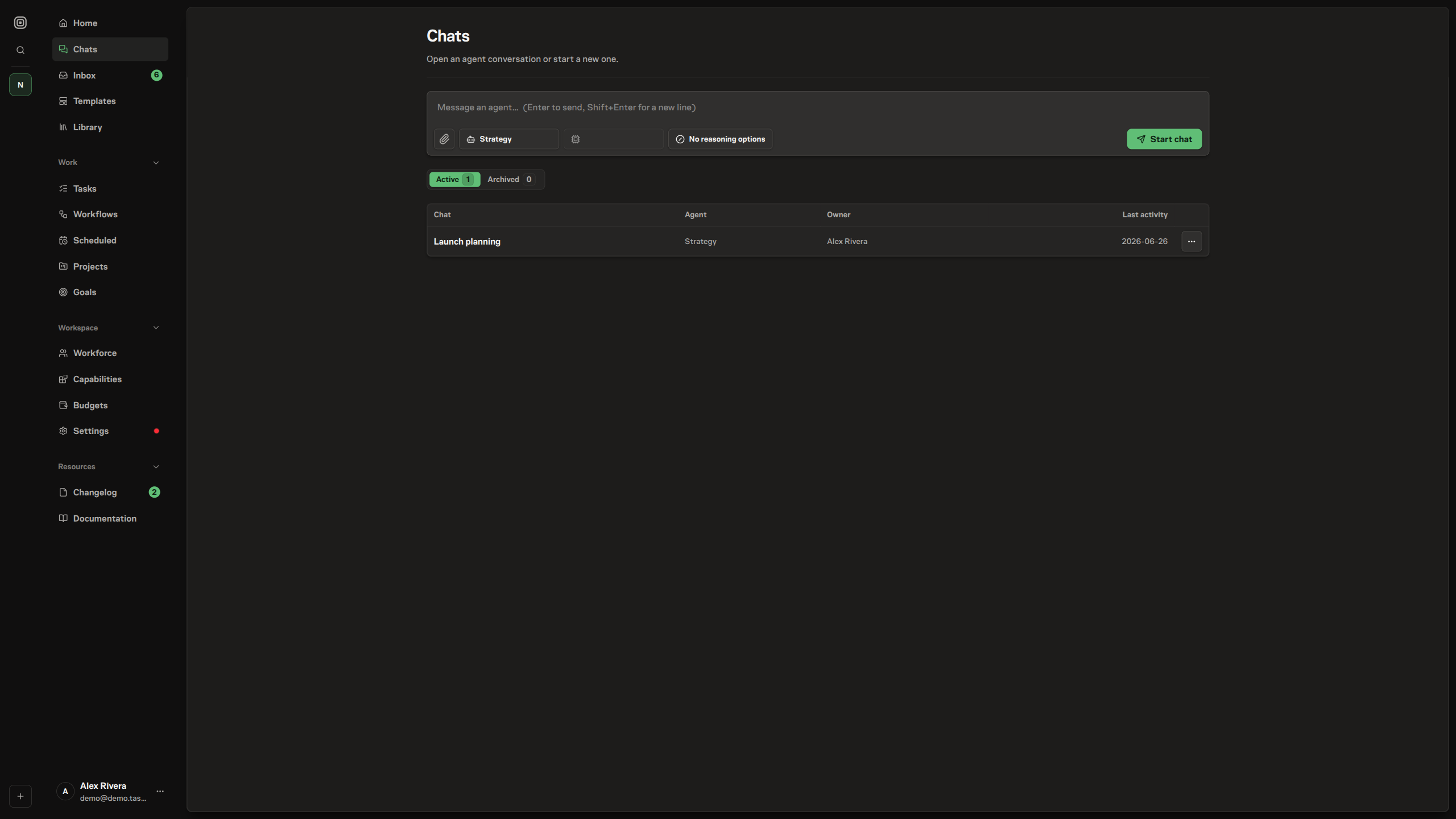 The Discuss surface: a chat list on the left and a composer on the right with an agent selected, ready to send the first message that starts the conversation