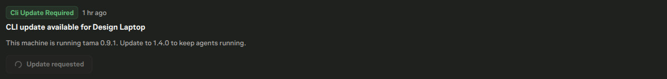 The Inbox showing CLI update alerts with disabled update-requested quick actions for machines that already have a queued update