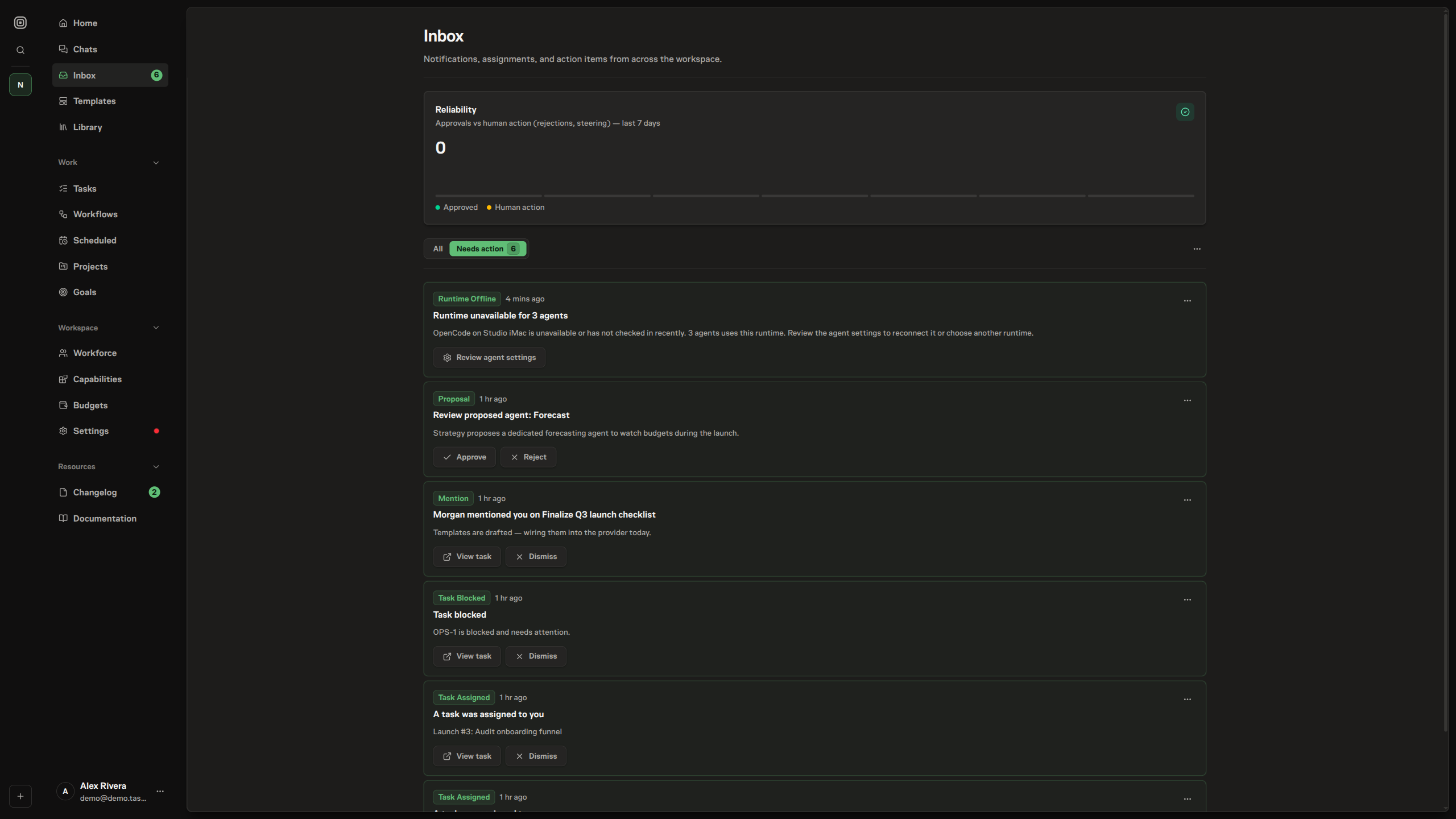 The Inbox with a Task Assigned item naming the task it points to and a View task action, filtered to items that still need action