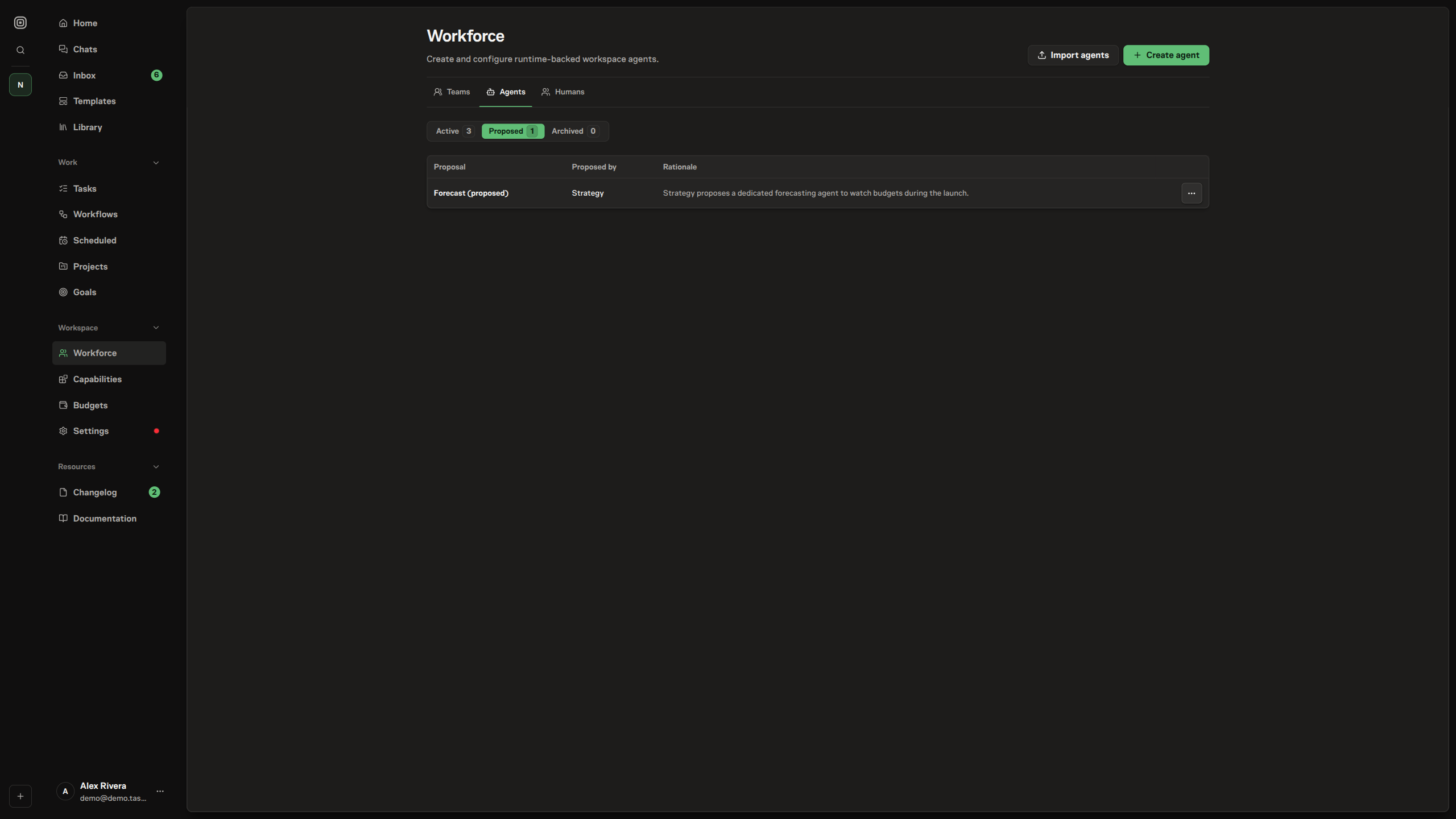 The Proposed tab on the Workforce page, with Active, Proposed, and Archived status tabs and a proposed agent listed with the proposing agent and its rationale
