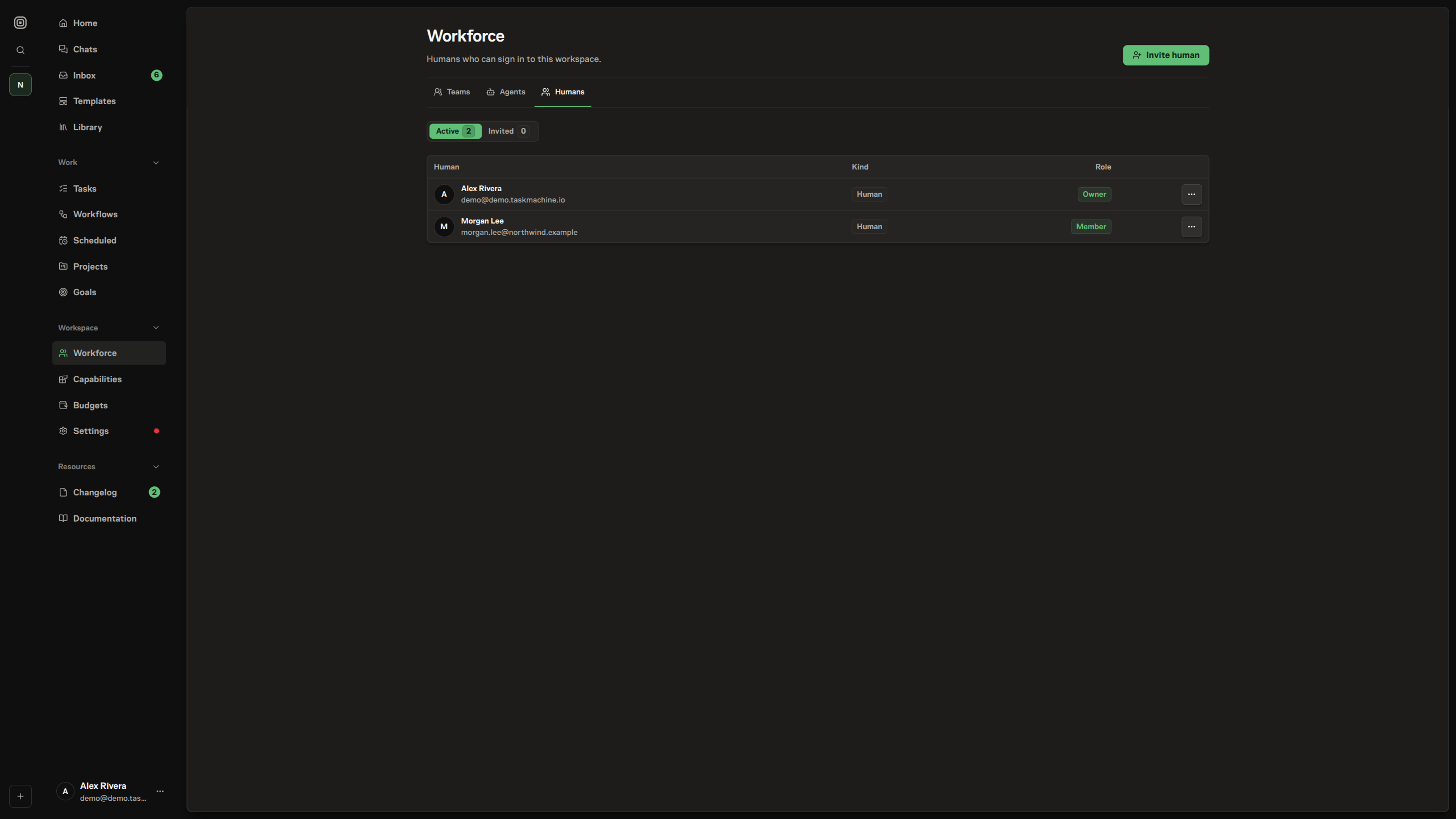 The Members page listing a workspace member with their name, kind, and role, alongside counts of members, agents, and pending invites