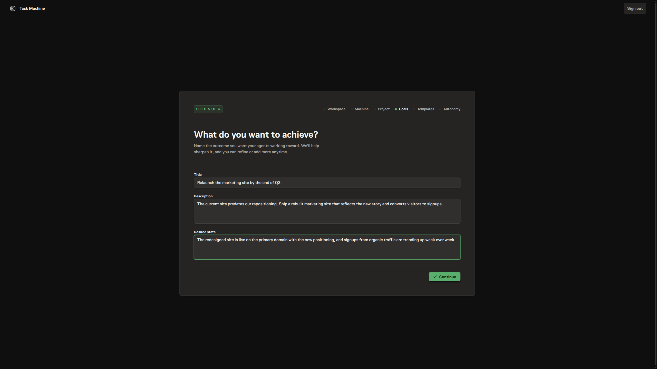 The goals onboarding step, with a single-goal form — title, description, and desired state — and a Continue action that reviews the goal