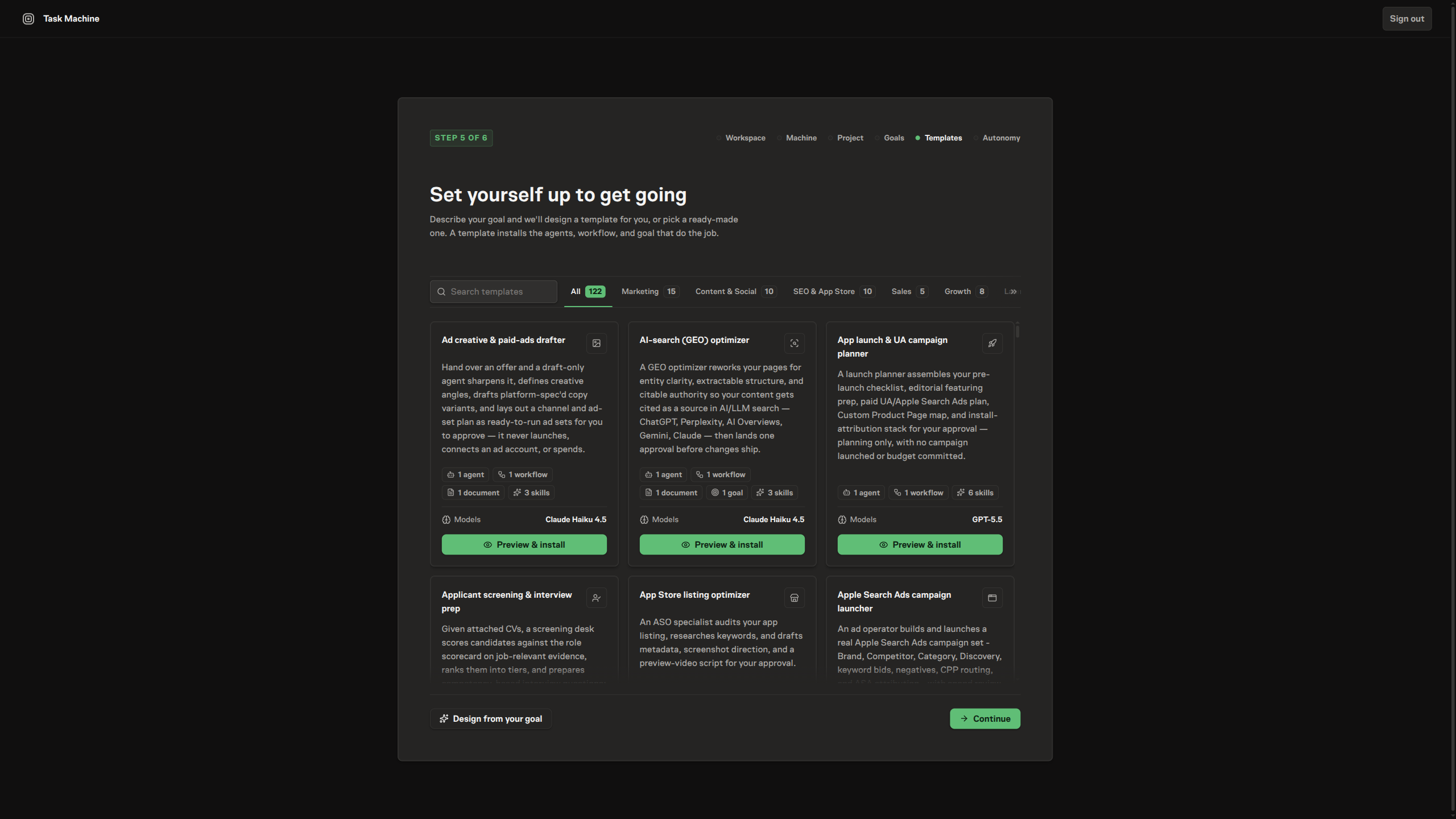 The template onboarding step: a searchable gallery of template cards grouped by category, with a Design from your goal action that opens a one-shot generator