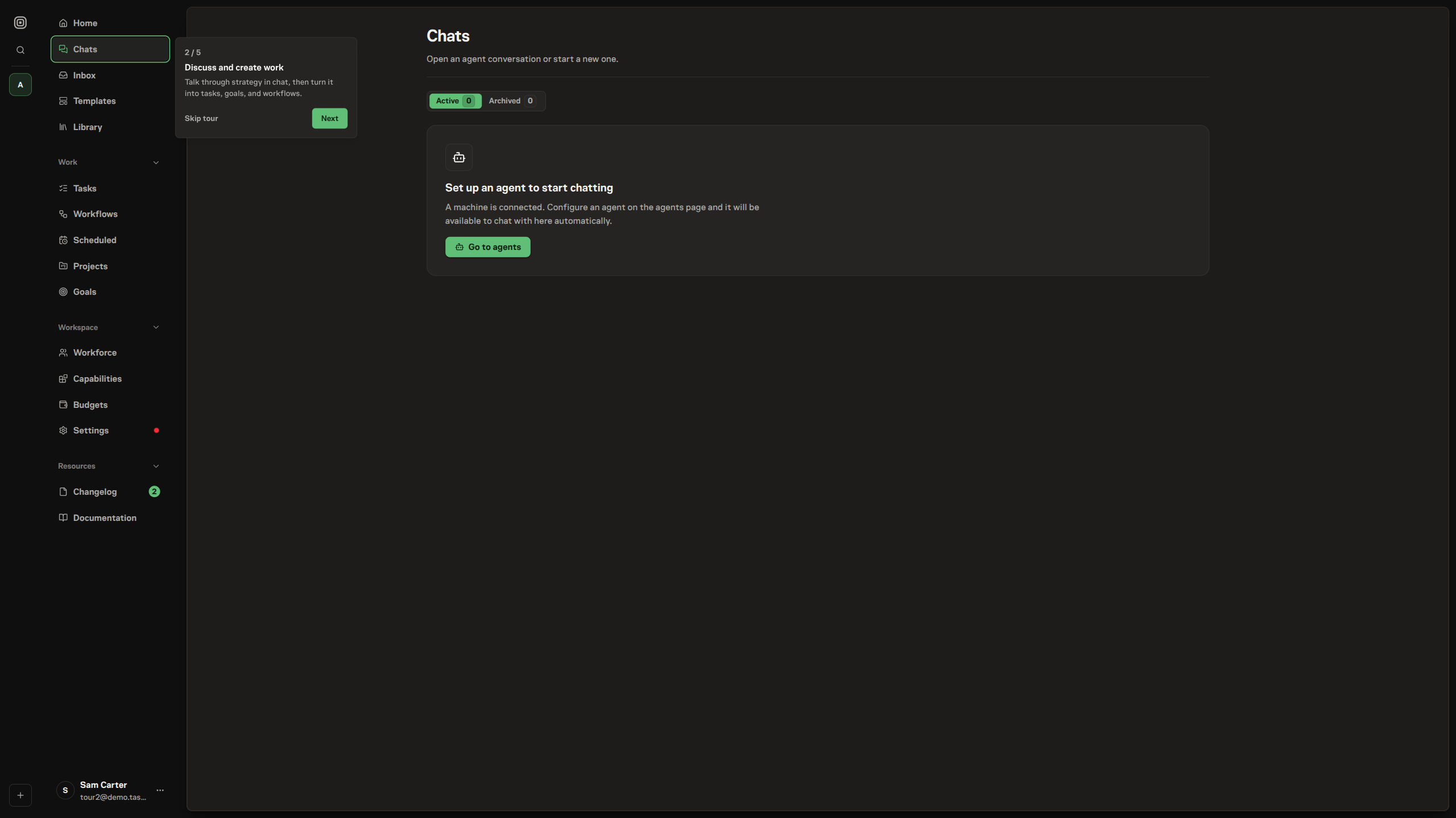 The workspace home after onboarding with the product tour highlighting the Chat item in the sidebar and a popover explaining it