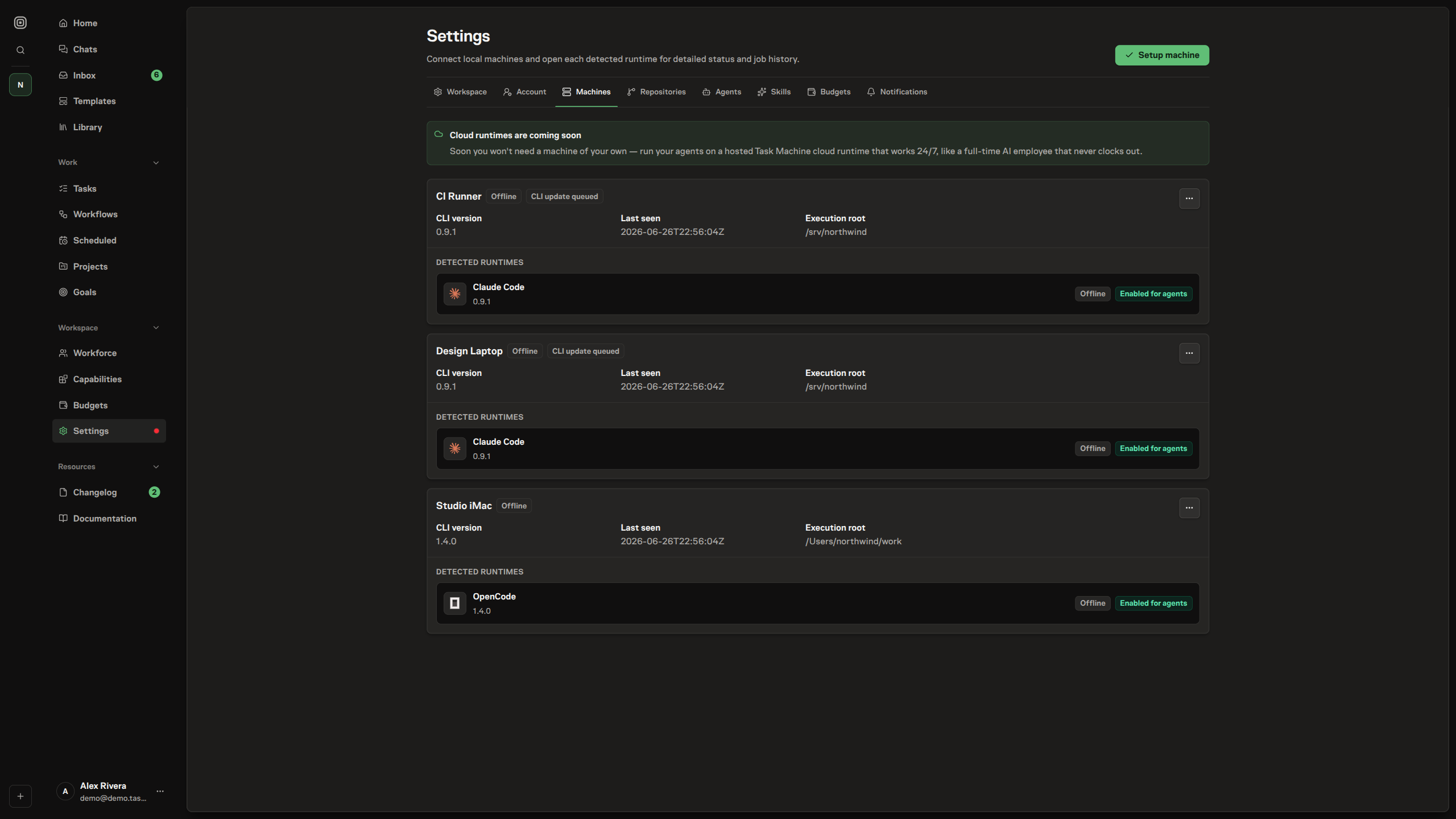 The Machines page showing outdated machines with CLI update queued badges and machine action menus