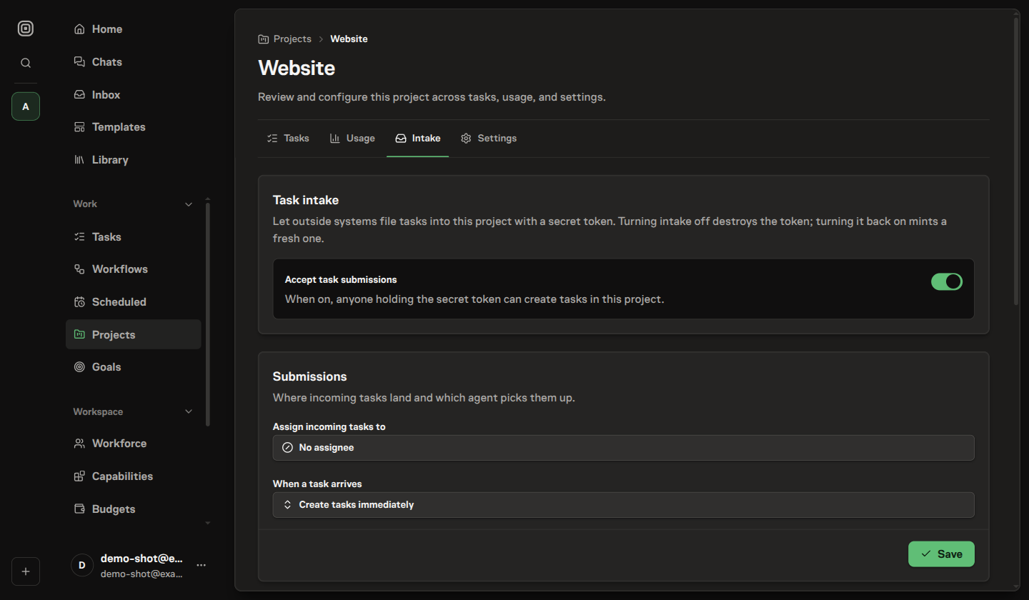 The project's Intake tab with intake enabled — the Accept task submissions switch turned on above the Submissions card for choosing an assignee and whether tasks arrive live or as proposals