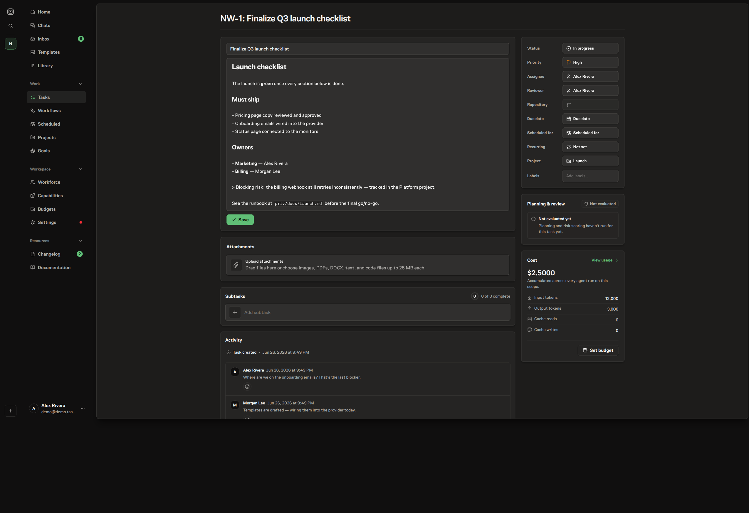 A single task open, showing its title and markdown description on the left and a properties panel — status, priority, assignee, project — on the right