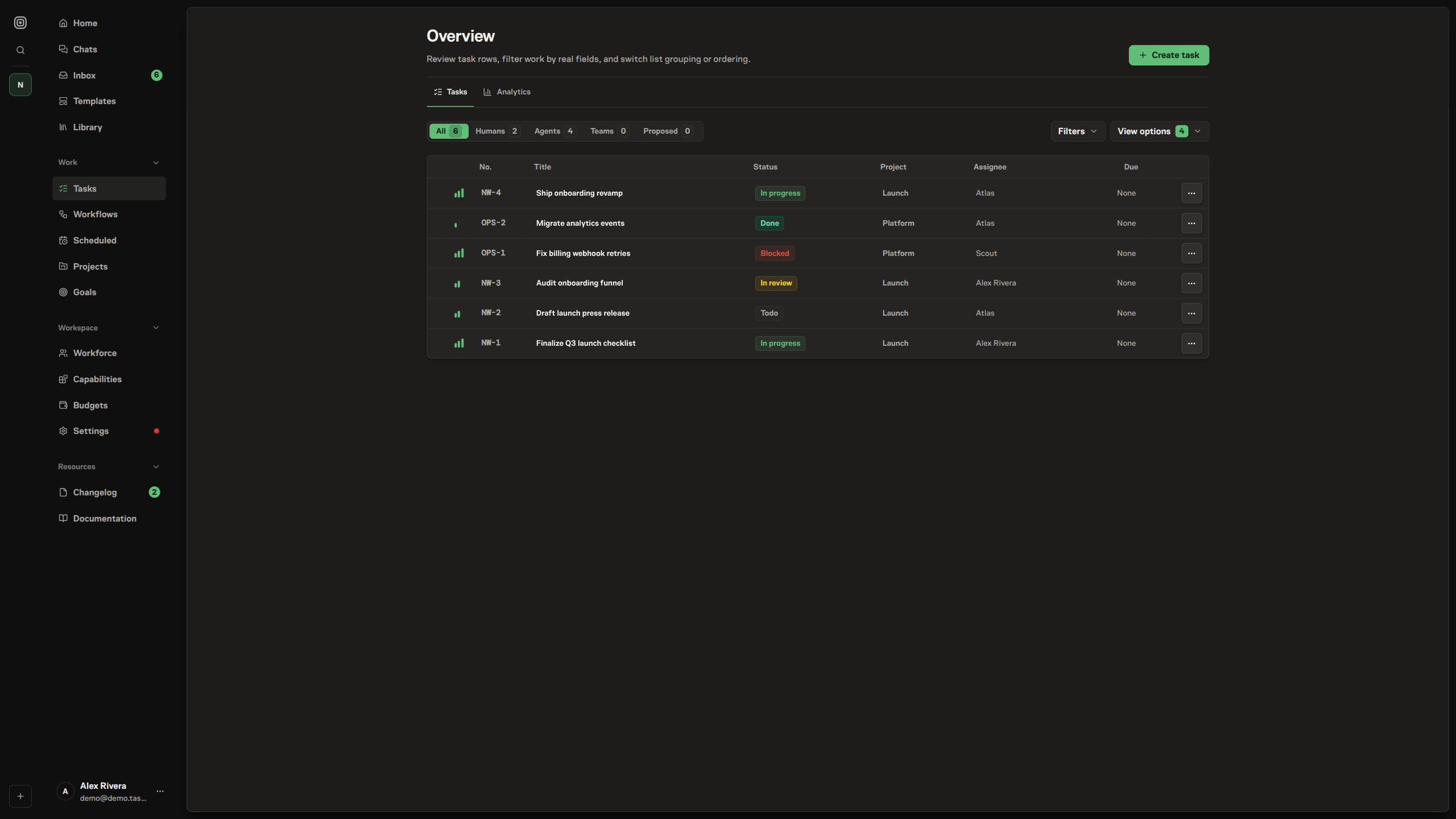 The task list for a project, with rows showing priority, task number, title, status, project, and assignee — both an agent and a person — across the columns