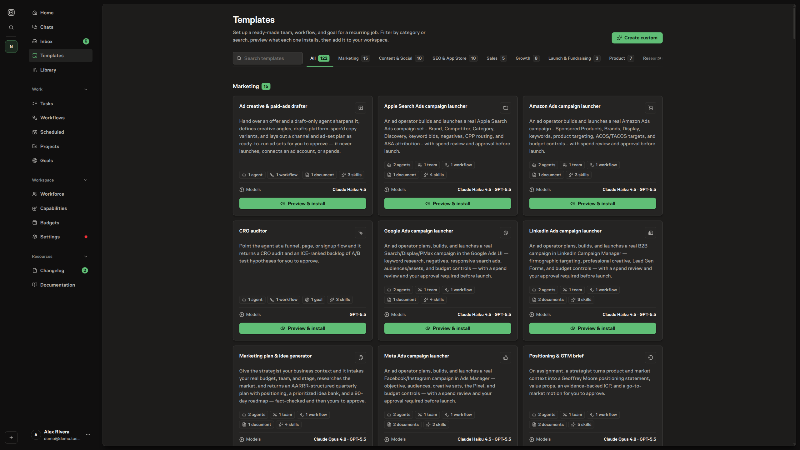 The template gallery: a search box and a category bar with per-category counts above a grid of template cards, each showing an icon, the records it installs, and the models its agents run on; the Marketing category leads