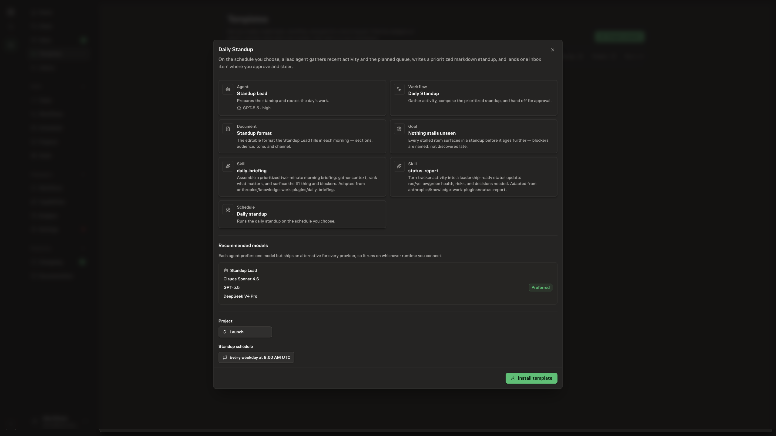 The Daily Standup preview: the agent, workflow, document, and schedule it installs as typed cards with each agent's model, a Models section showing the Standup Lead's three model options with one marked Preferred, and a project picker above an Install template button
