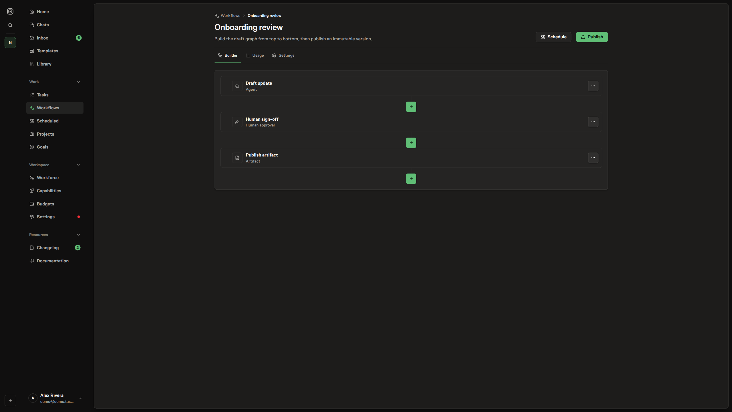 The workflow builder showing a draft graph read top to bottom — an Agent step, a Human approval step, and an Artifact step — with add-node controls between them