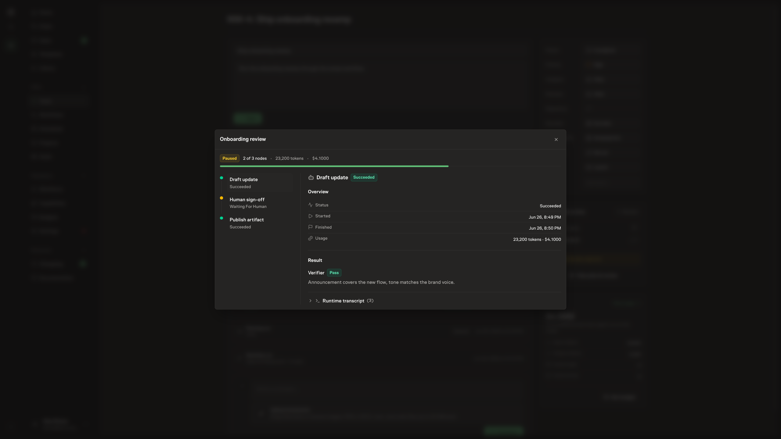 The workflow run view for a Release deploy pipeline: a status and progress summary across the top, a node stepper down the left marking Build & test and Tests passed as done with Approve production deploy current, and the selected Build node's detail on the right showing its status, usage, a passing verifier, the artifact it produced, and a collapsed runtime transcript